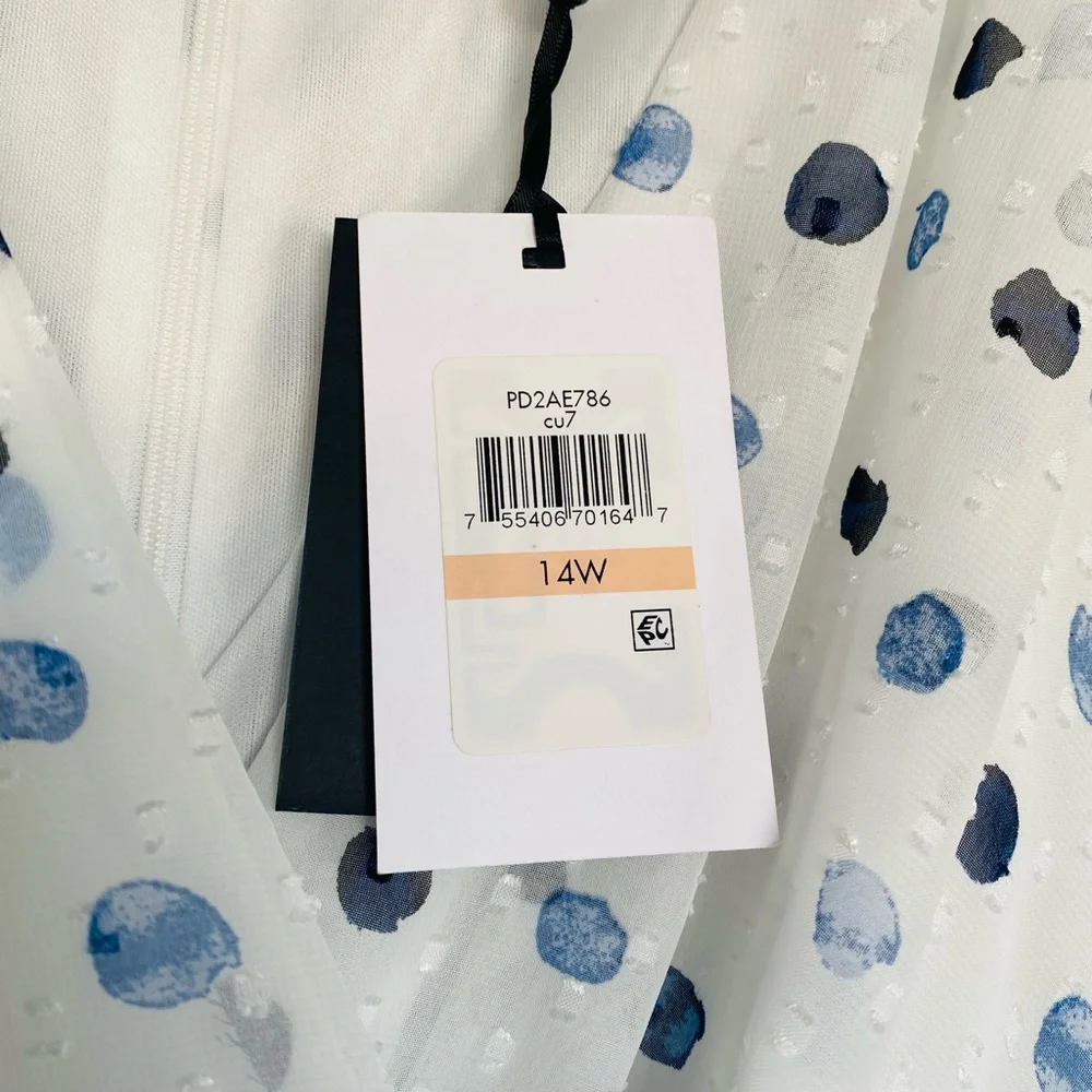 NWT! DKNY Midi White and Blue Polka Dots Wrap Dress with Puff Sleeves! Size 14W! - Picture 6 of 12